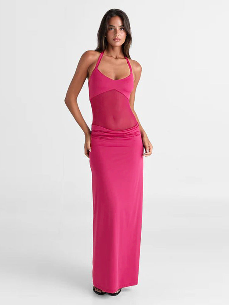 Halter Mesh Panel Midriff Ruched Waist Column Maxi Gown 8