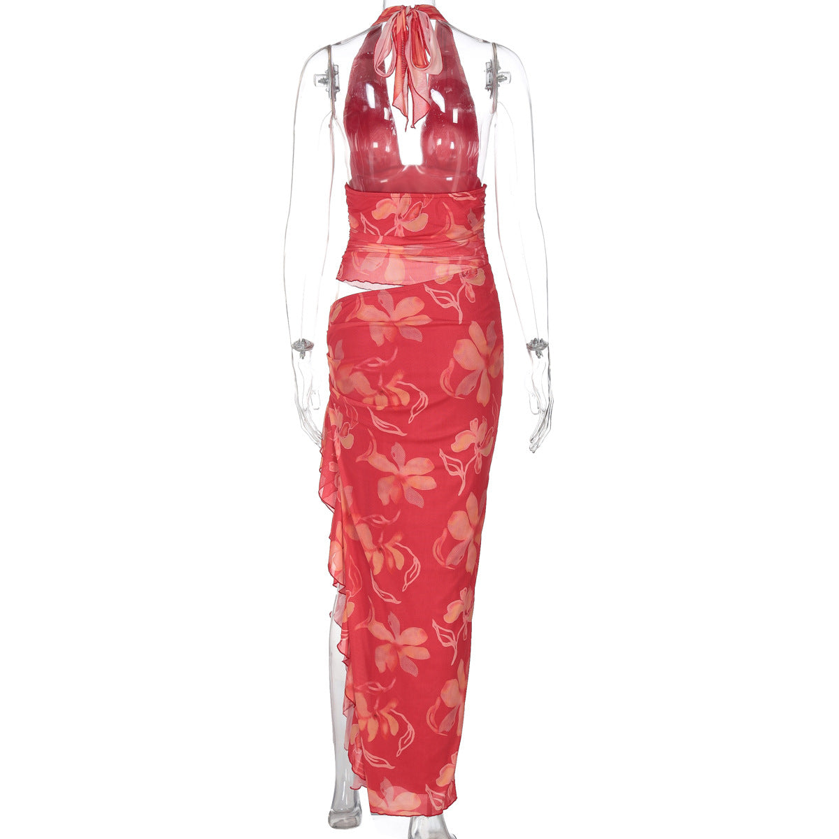 Halter Plunging V Neck Floral Ruched Ruffle Side Slit Maxi Set 8