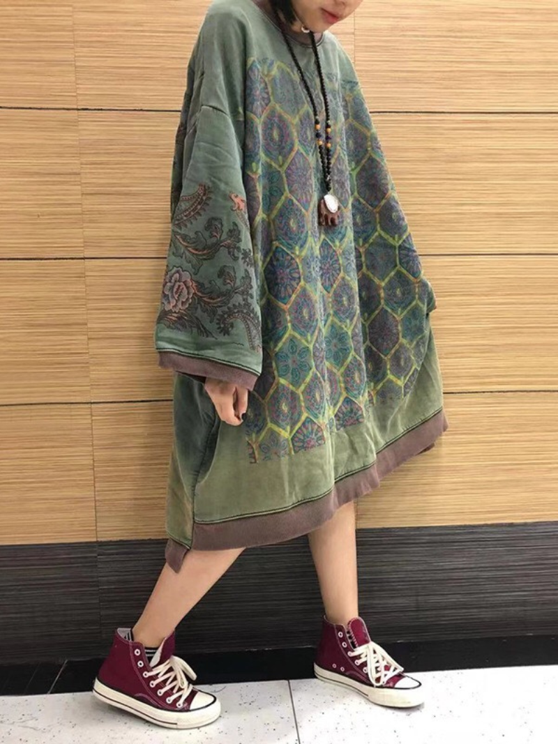 Crew Neck Medallion Print Oversized Long Sleeve Sweatshirt Dress 2