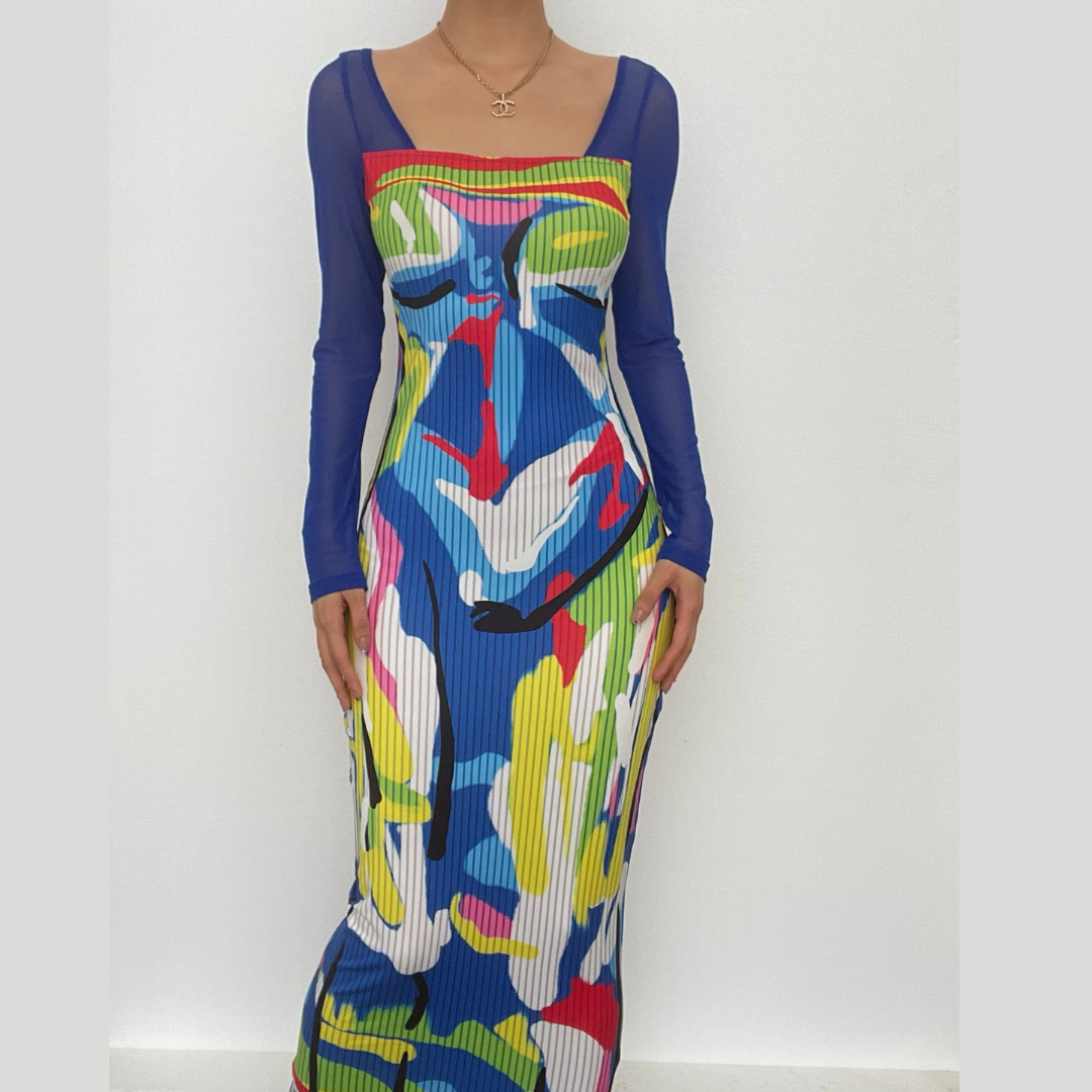 Square Neck Long Sleeve Abstract Face Print Mesh Sleeve Bodycon Maxi Dress 2
