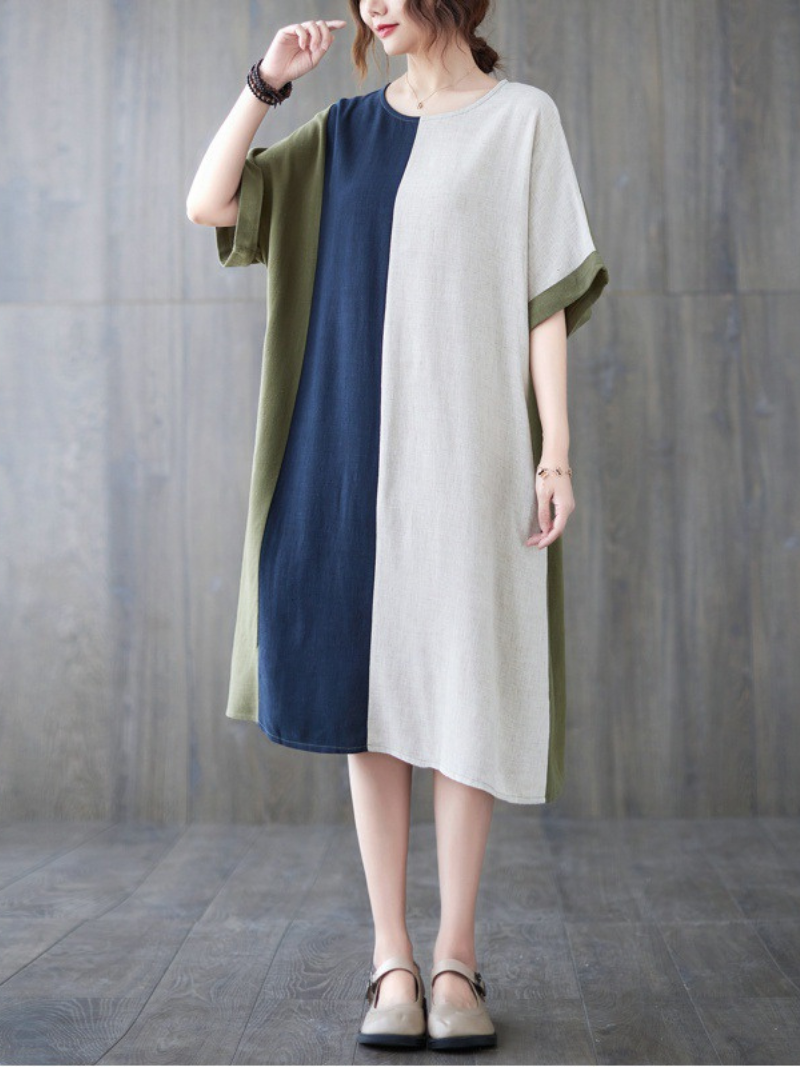 Round Neck Short Sleeve Color Block Panel Linen Midi Dress 2