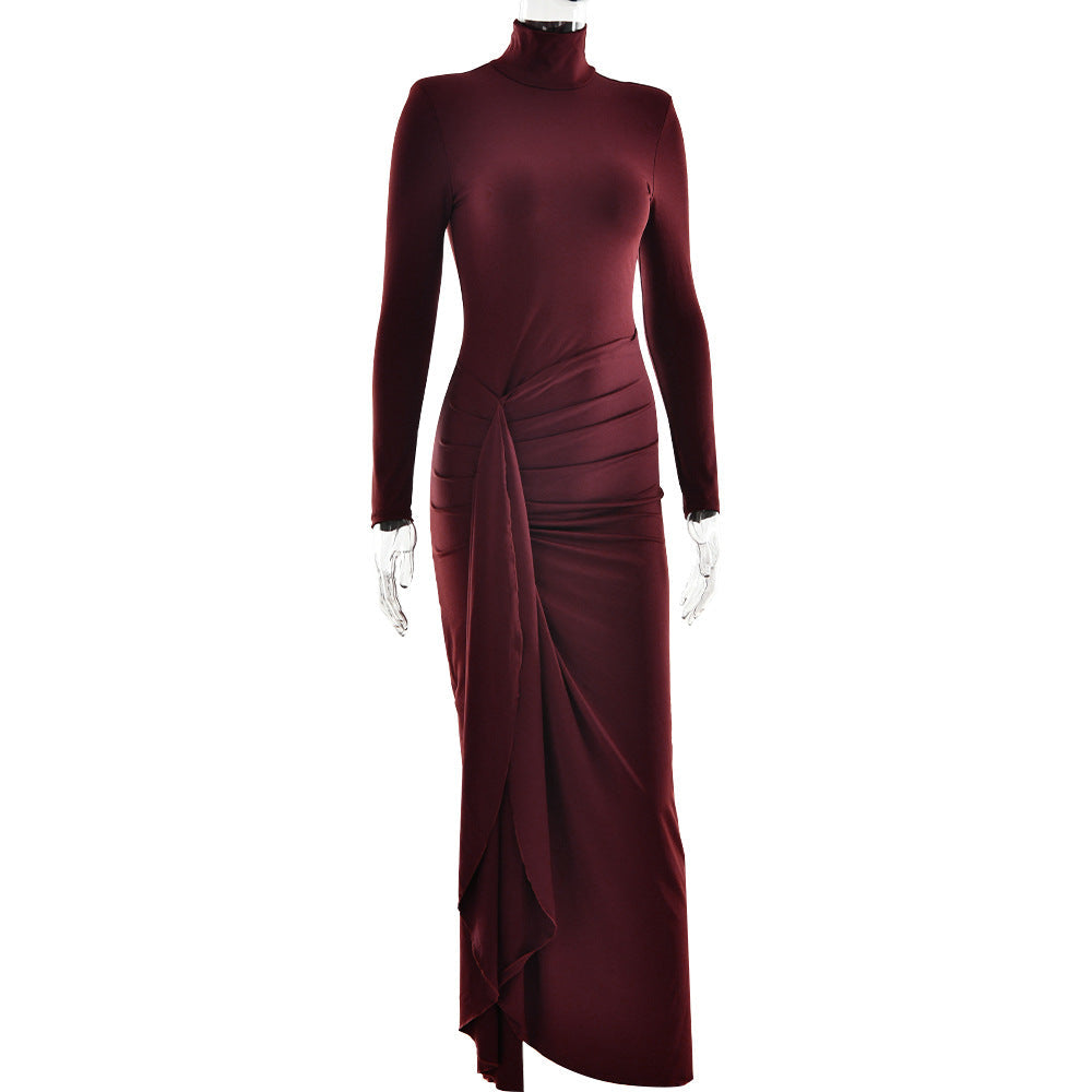 Mock Neck Long Sleeve Hip Knot Draped Panel Column Maxi Dress 8