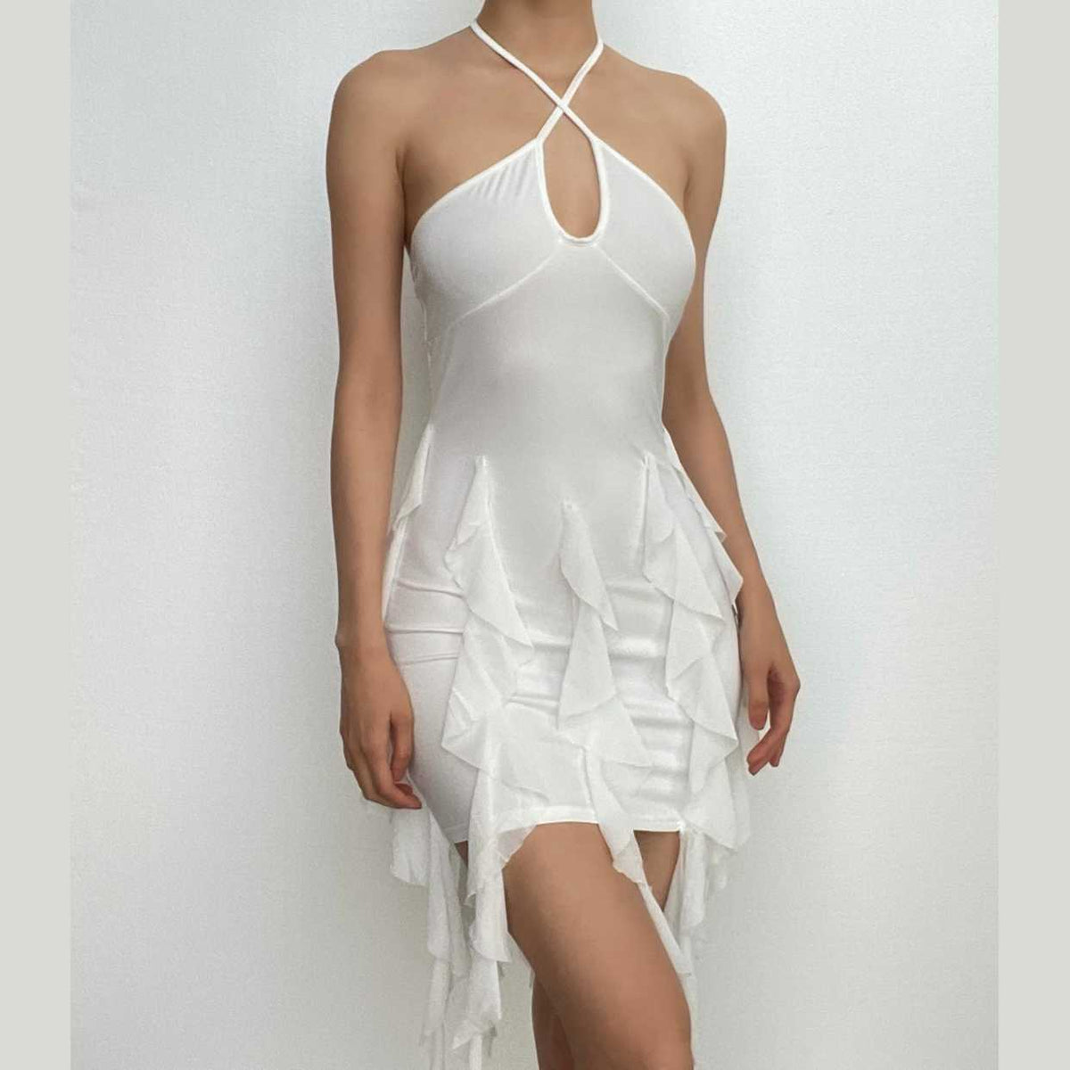 Cross Front Halter Keyhole Backless Cascading Ruffle Hem Mini Dress