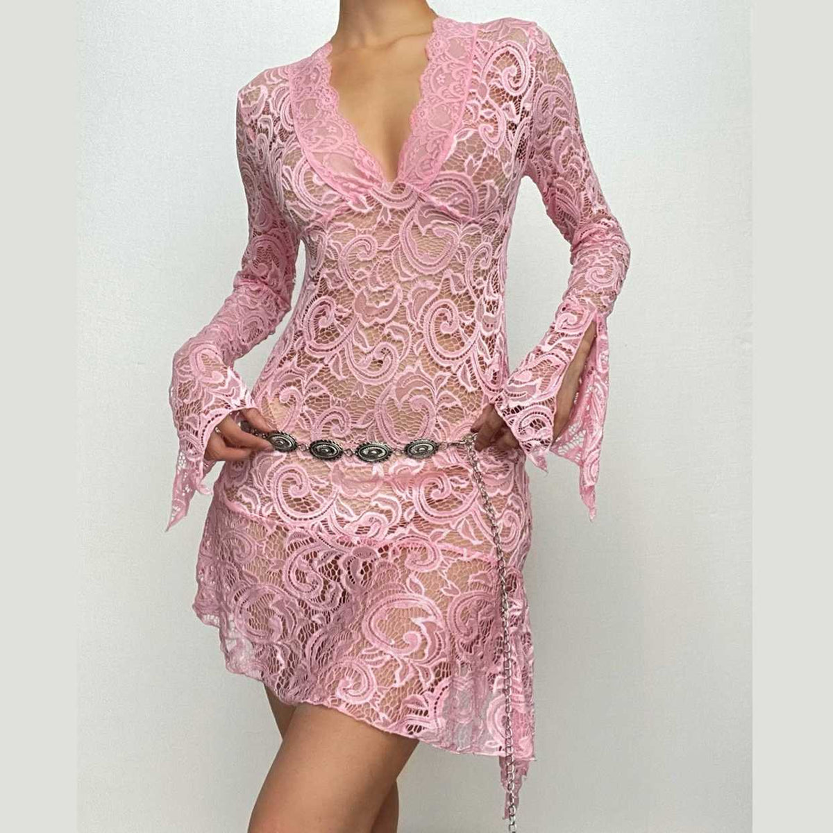 Floral Lace Bell Sleeve Handkerchief Hem V-Neck Mini Dress 3