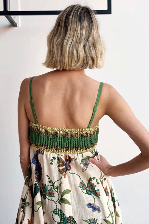 Spaghetti Strap Empire Waist Bird Botanical Border Print Pocket Maxi Dress 3