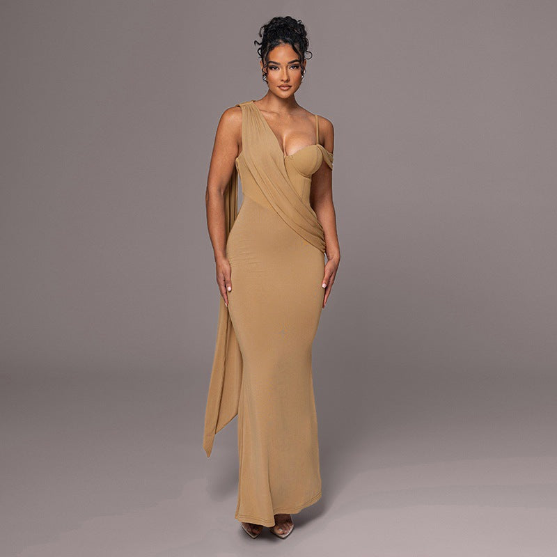 Asymmetrical Corset Sweetheart Drape Sash Column Maxi Gown 8