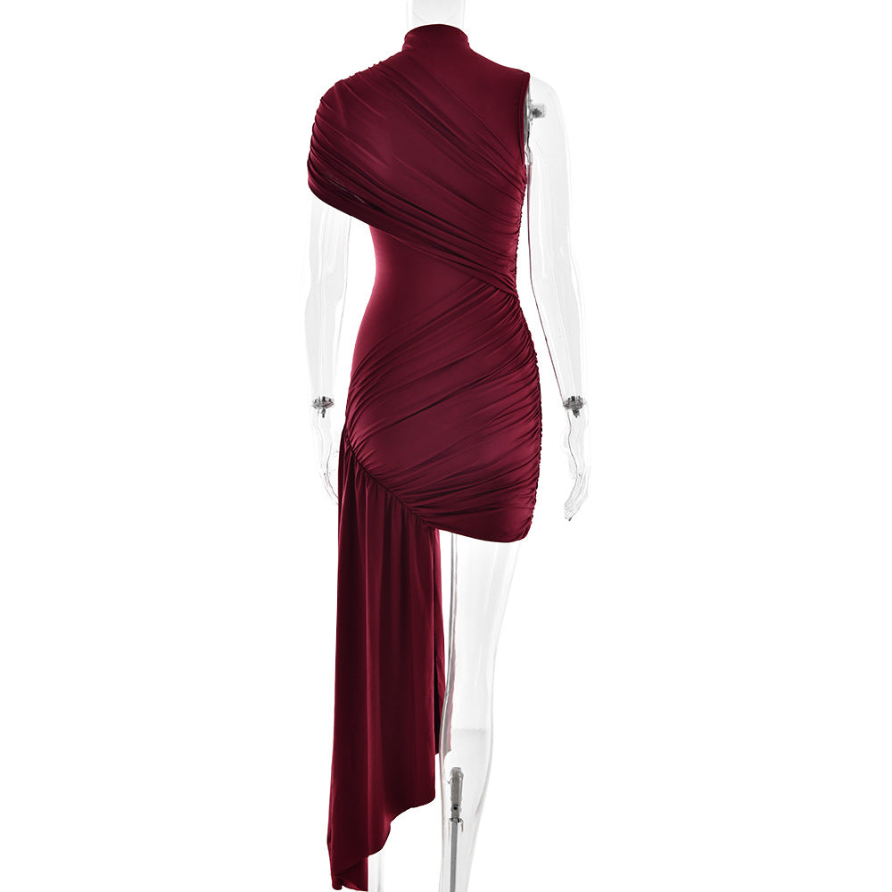 Mock Neck Asymmetric Drape Ruched Mini Dress 7