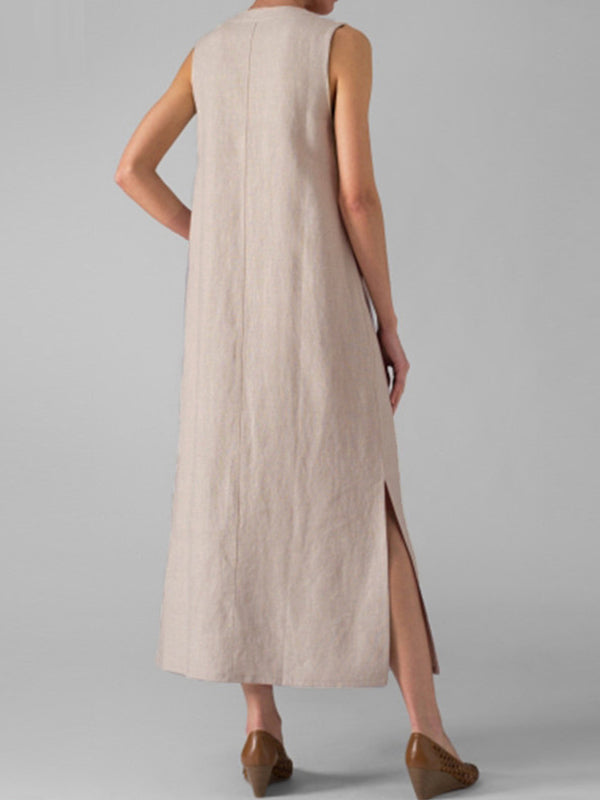 Sleeveless Notched Collar Button Front Linen Maxi Dress with Side Slits 8