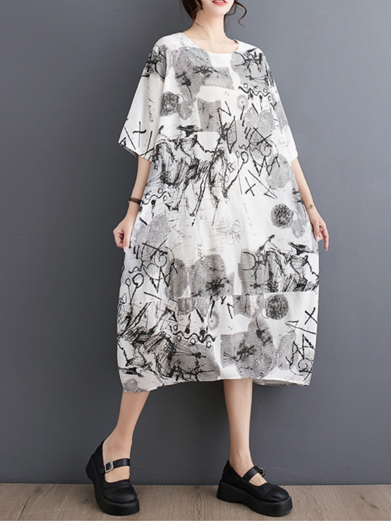 Round Neck Short Sleeve Graffiti Print Oversized Midi Dress