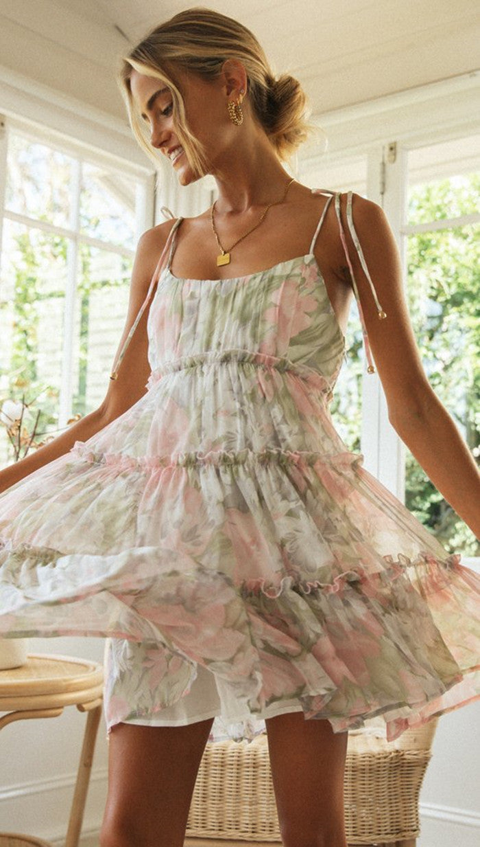 Scoop Neck Tie-Shoulder Spaghetti Strap Empire Waist Tiered Floral Mini Dress 5