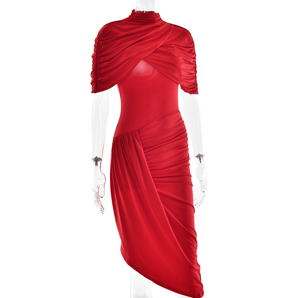 Mock Neck Draped Shoulder Ruched Asymmetrical Midi Dress 8