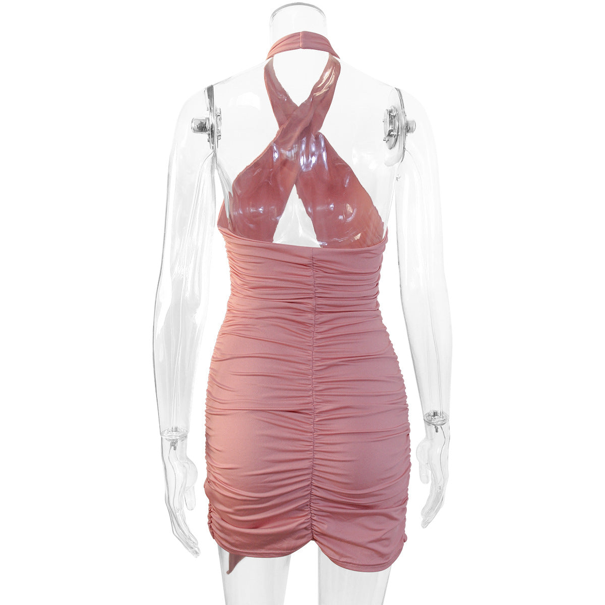 Criss Cross Halter Cutout Ruched Side Drape Mini Dress 9