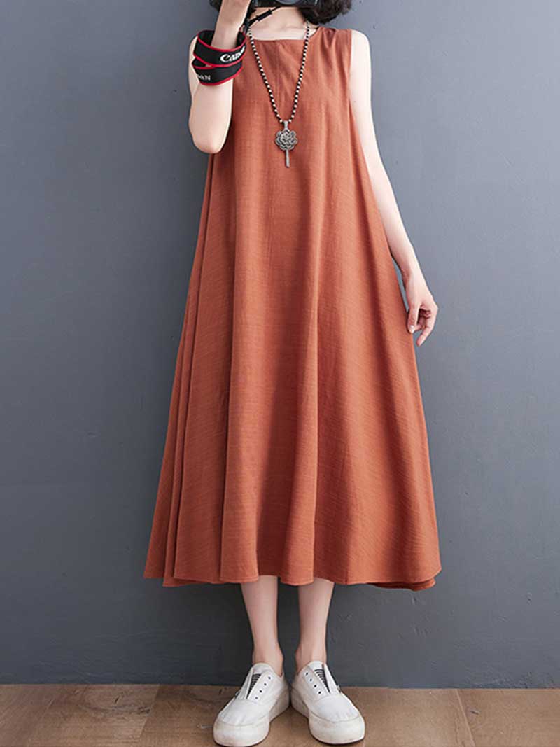 Round Neck Sleeveless Side Pocket Loose A Line Maxi Dress 2