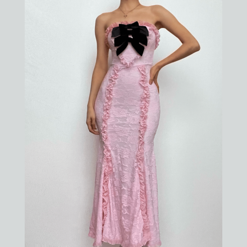 Lace Floral Strapless Bow Front Ruffle Panel Maxi Dress