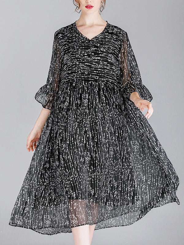 V-Neck Tiered Bell Cuff Empire Waist Pleated Dotted Midi Dress 7