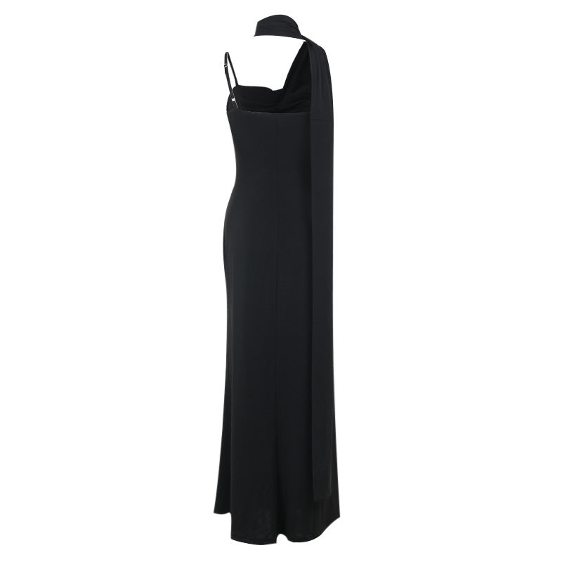 Cowl Neck Spaghetti Strap Mermaid Column Maxi Gown With Neck Scarf 8