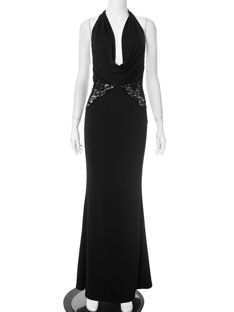 Plunging Halter Cowl Lace Side Panel Mermaid Maxi Gown 8