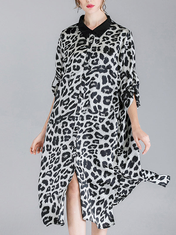 Contrasting Lapel Spotted Print Button Front High Slit Midi Shirt Dress 7