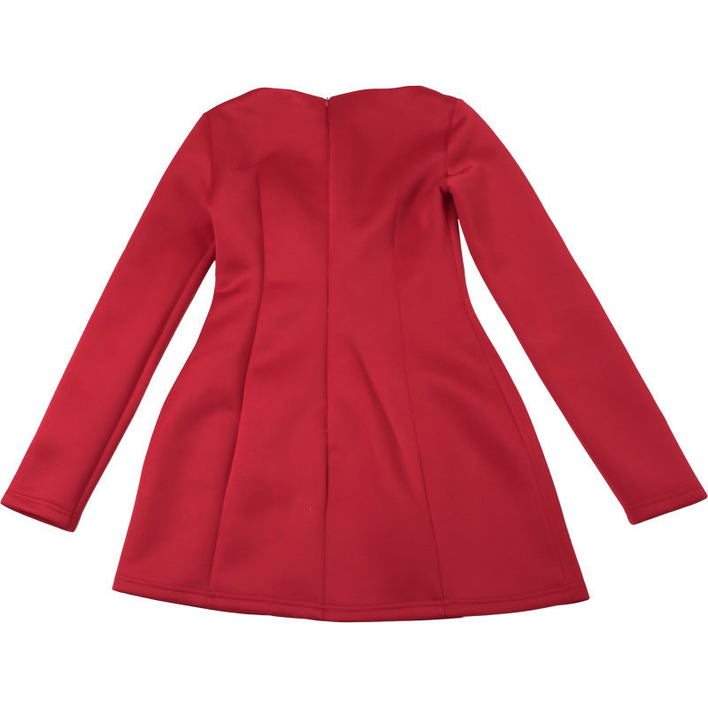 Long Sleeve Bow Pocket Structured A-Line Mini Dress 8