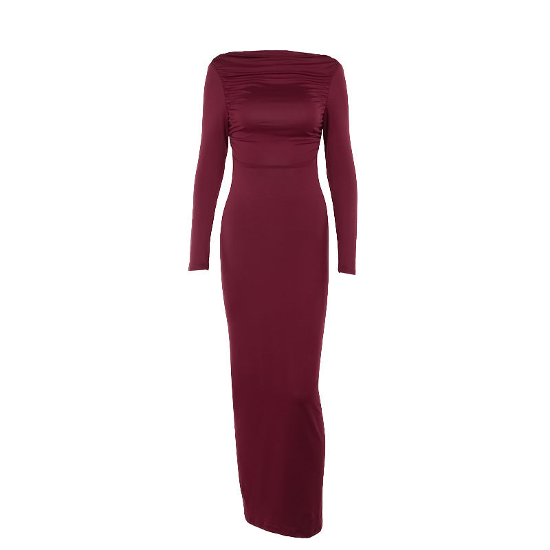 Long Sleeve Deep Open Back Ruched Column Maxi Gown 8