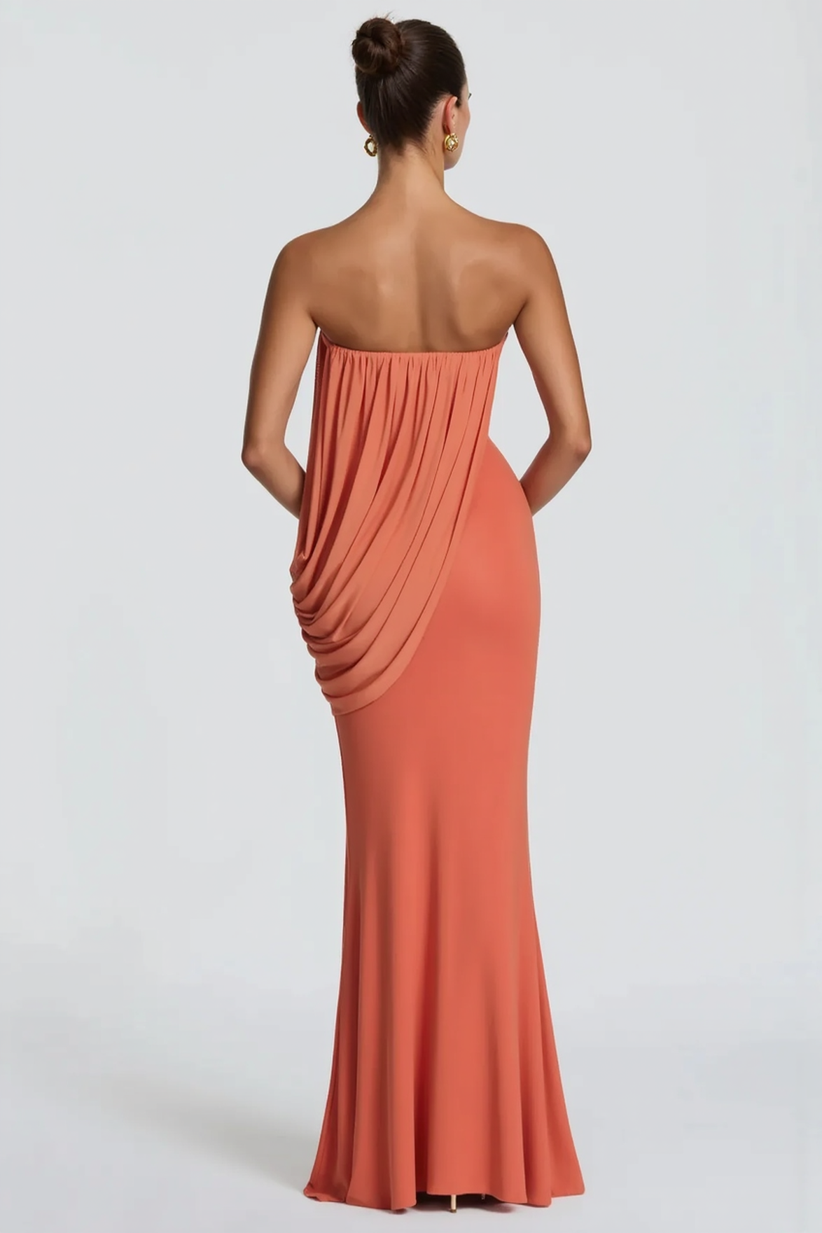 Strapless Diagonal Drape Panel Pleated Overlay Column Maxi Gown 5