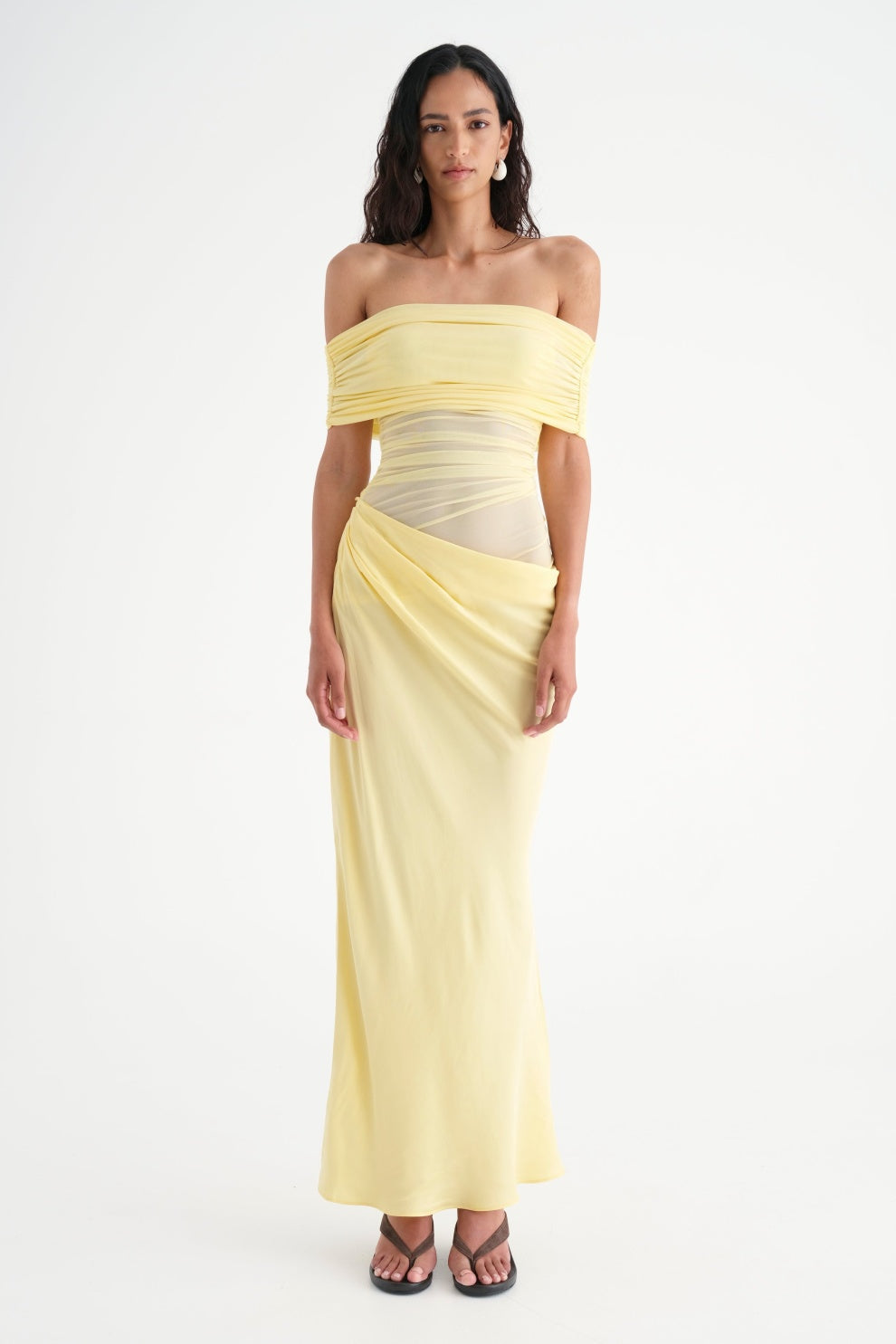 Off Shoulder Ruched Draped Mesh Panel Asymmetric Maxi Gown