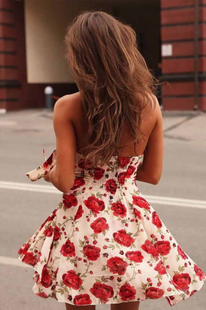 Print Halter Neck Tie Strap Deep V-Neck Backless Mini Dress 4