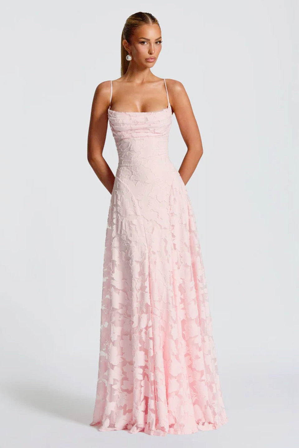3D Floral Lace Applique Square Neck Spaghetti Strap A-Line Maxi Gown 5