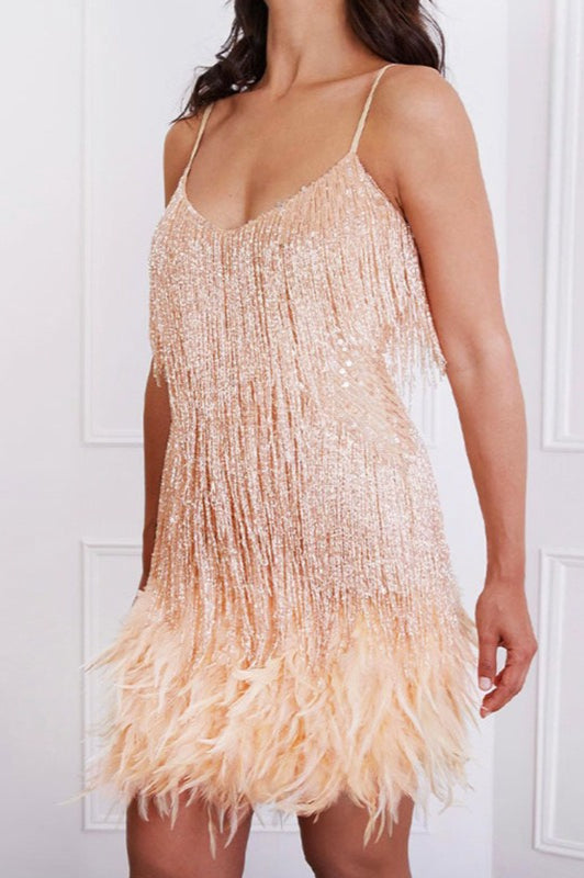 Sequin Fringe Feather Hem Spaghetti Strap Mini Mini Dress 8