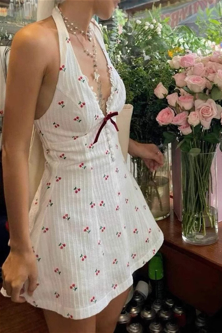 Print Halter Neck Ruffle Trim Button Front Mini Dress 3
