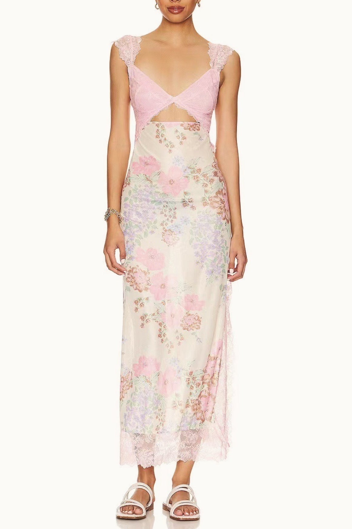 Lace Sweetheart Bodice Cut Out Flutter Sleeve Floral Print Slip Maxi Dress 8