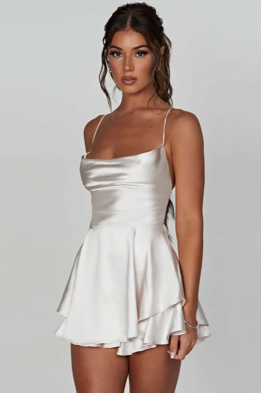 Satin Cowl Neck Spaghetti Strap Tiered Ruffle Hem Mini Dress