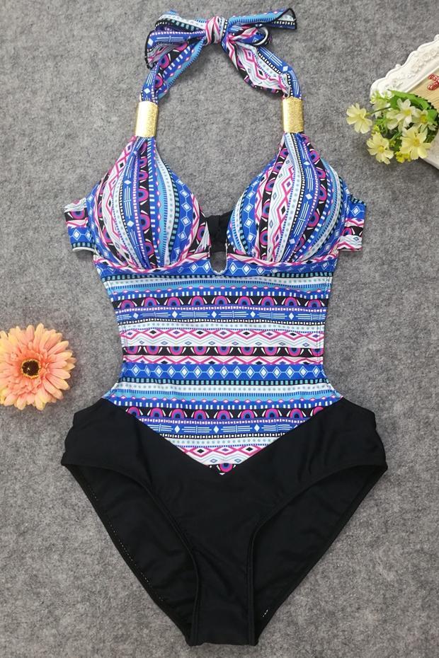 Blue Plunging Halter Tribal Print Triangle Keyhole Backless Sexy High Cut One Piece Swimsuit