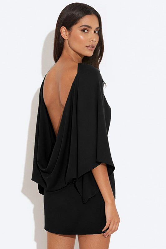 Deep Back Cowl Neck Draped Wing Sleeve Loose Mini Dress 9