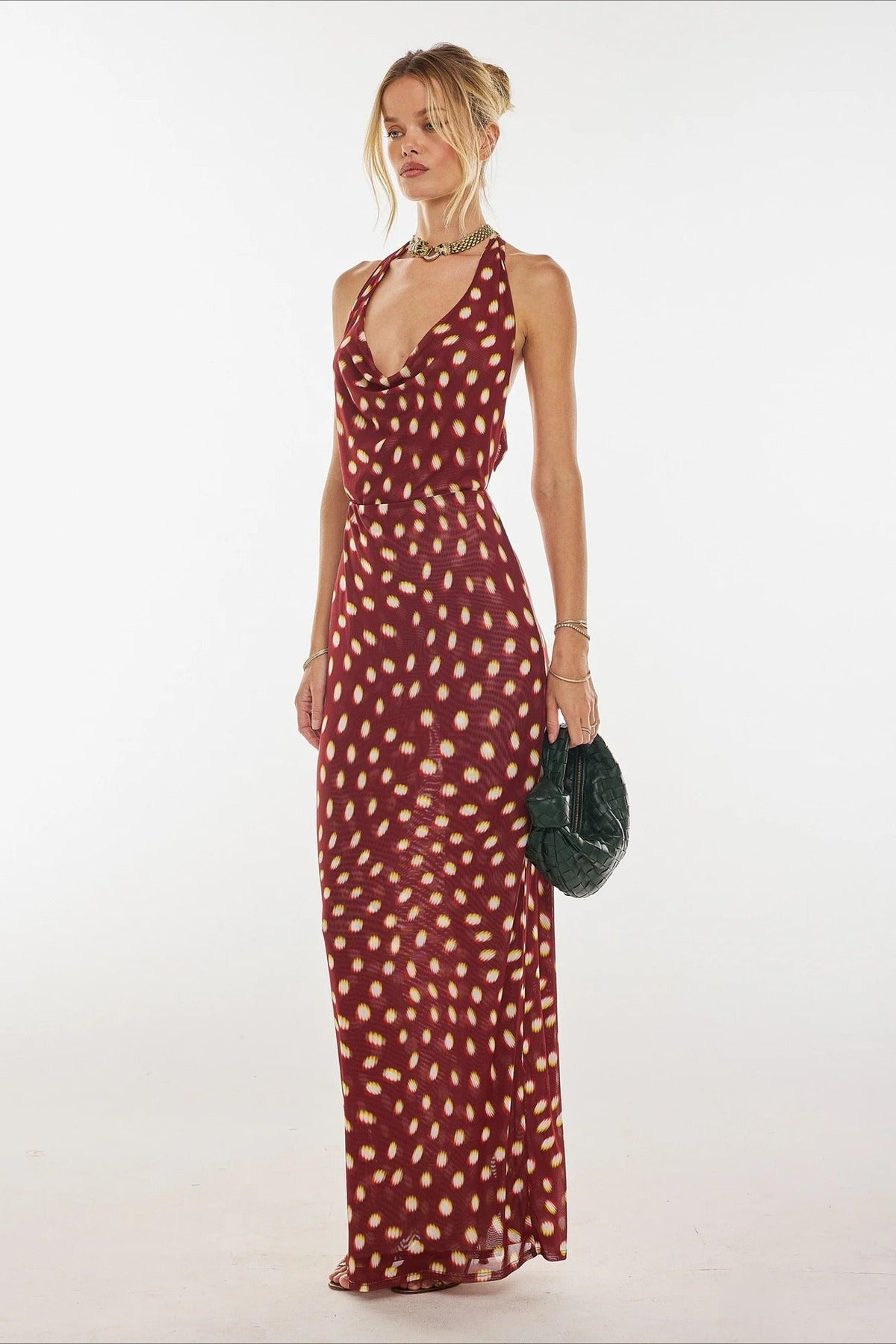 Red Halter Cowl Neck Dropped Waist Gathered Polka Dot Maxi Dress 4