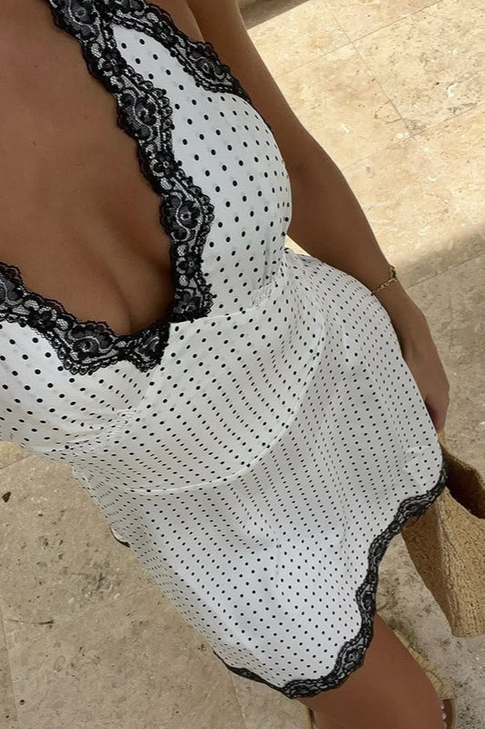 Polka Dot Halter Lace Trim Plunging V-Neck Scalloped Hem Mini Dress 2