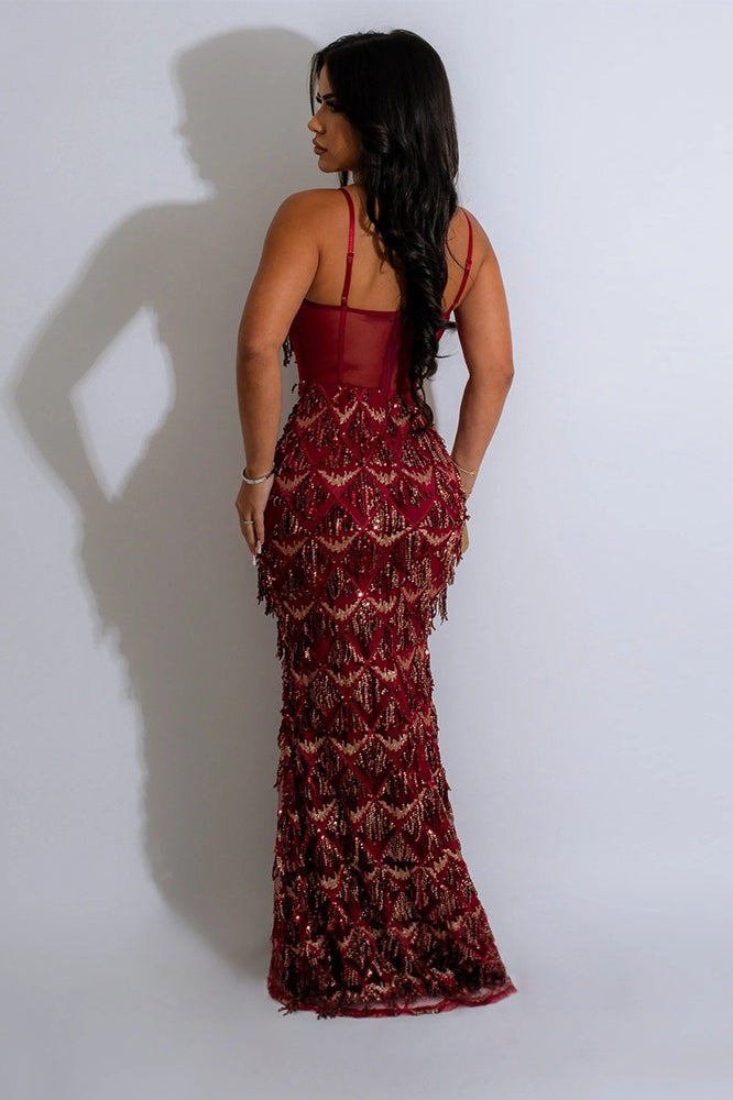 Sequin Diamond Quilt Tassel Fringe Sweetheart Corset Mesh Maxi Gown 4