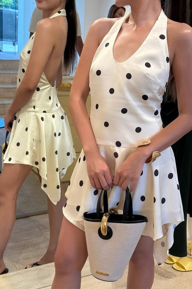 White Halter C-Neck Backless A-Line Polka Dot Mini Dress