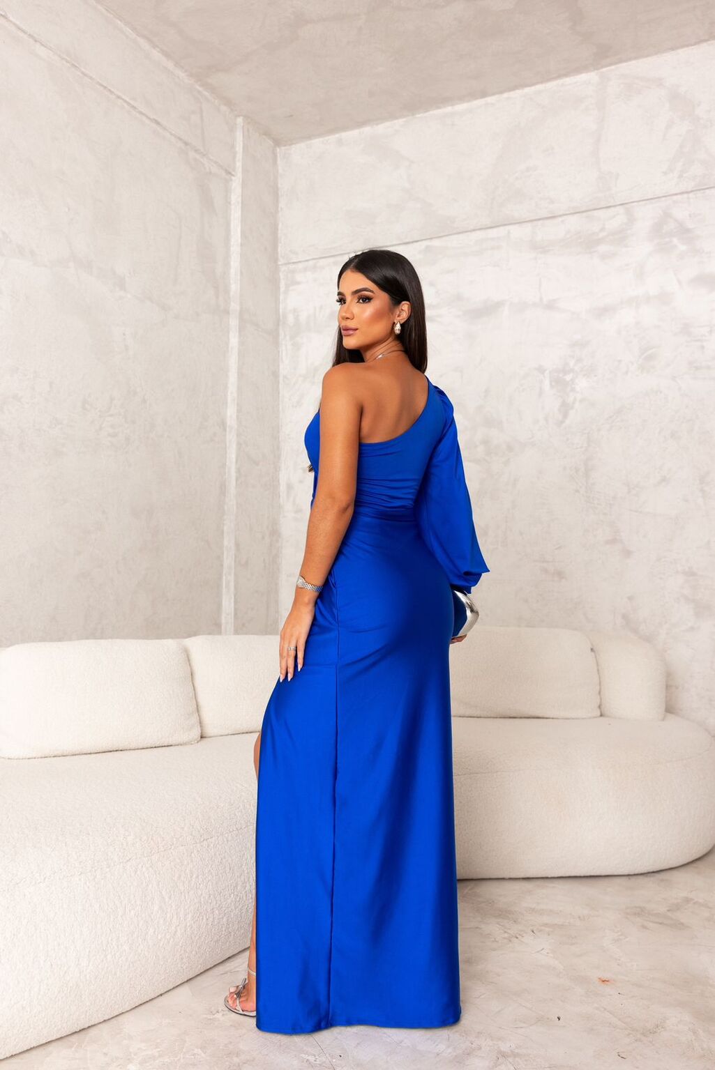 One Shoulder Draped Sleeve Ruched Waist High Slit Satin Maxi Dress 9