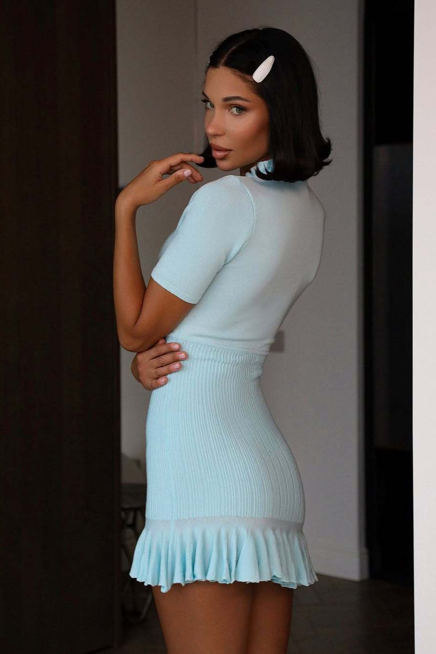 Ruffle Collar Keyhole Tie Short Sleeve Ribbed Knit Flounce Hem Mini Dress 9