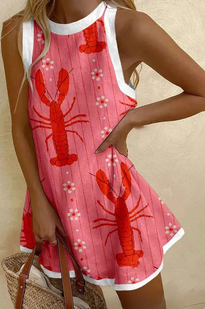 Lobster Print Crew Neck Contrast Trim Sleeveless Shift Mini Dress