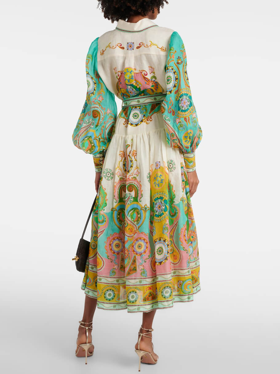 Ornamental Print Puff Sleeve Tie Waist Button Down Shirt Midi Dress 5