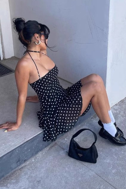 Polka Dot Halter Neck Flounce Hem Mini Dress 4