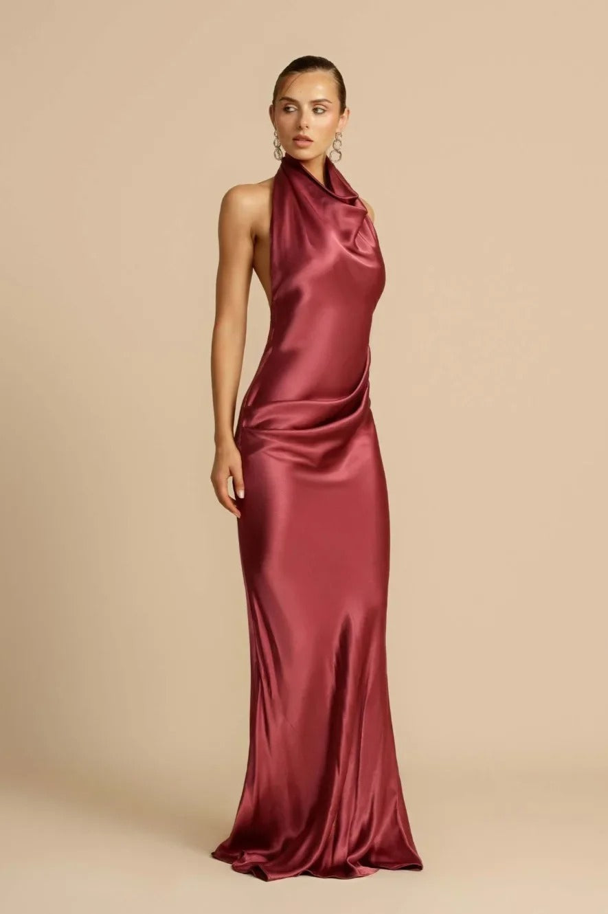 Satin Halter Neck Cowl Draped Bias Cut Trumpet Maxi Gown 7