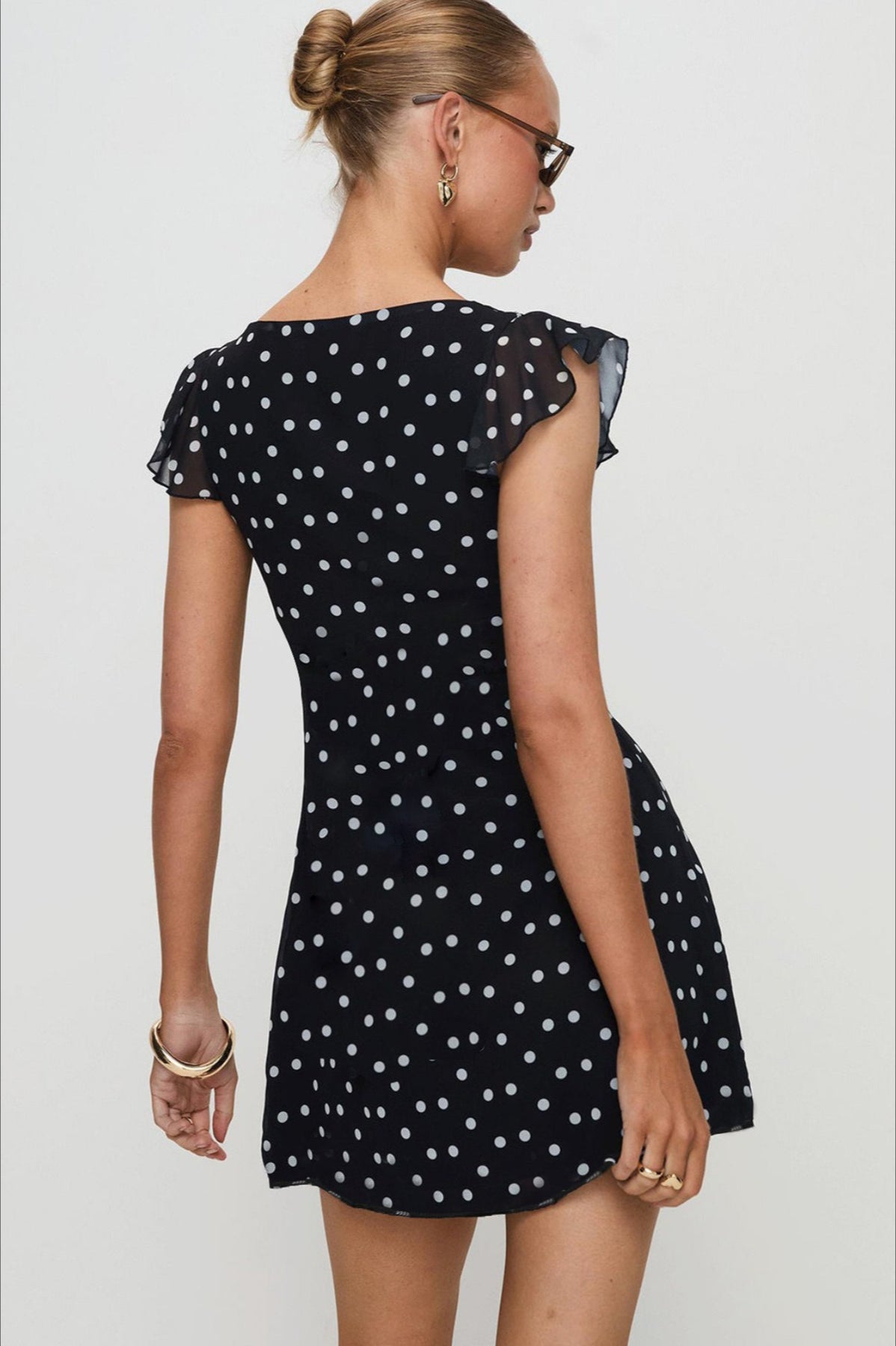 Polka Dot V-Neck Ruffle Trim Flutter Sleeve Fit and Flare Mini Dress 3