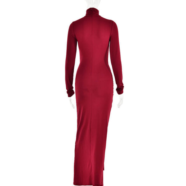 Long Sleeve Mock Neck Front Knot Draped Train Maxi Dress 5