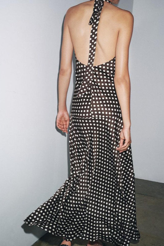 Polka Dot Halter Neck Deep V-Neck Maxi Dress 4
