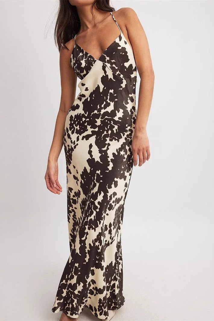 Deep V Spaghetti Strap Cow Print Satin Maxi Slip Dress 2