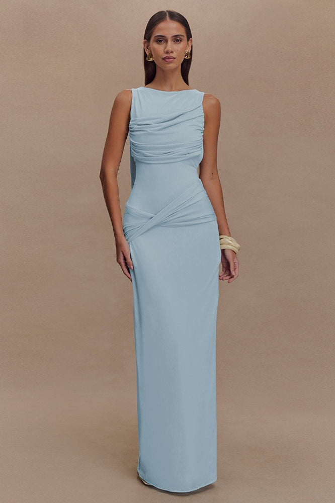 High Neck Ruched Crossover Drape Hip High Slit Jersey Maxi Dress 9