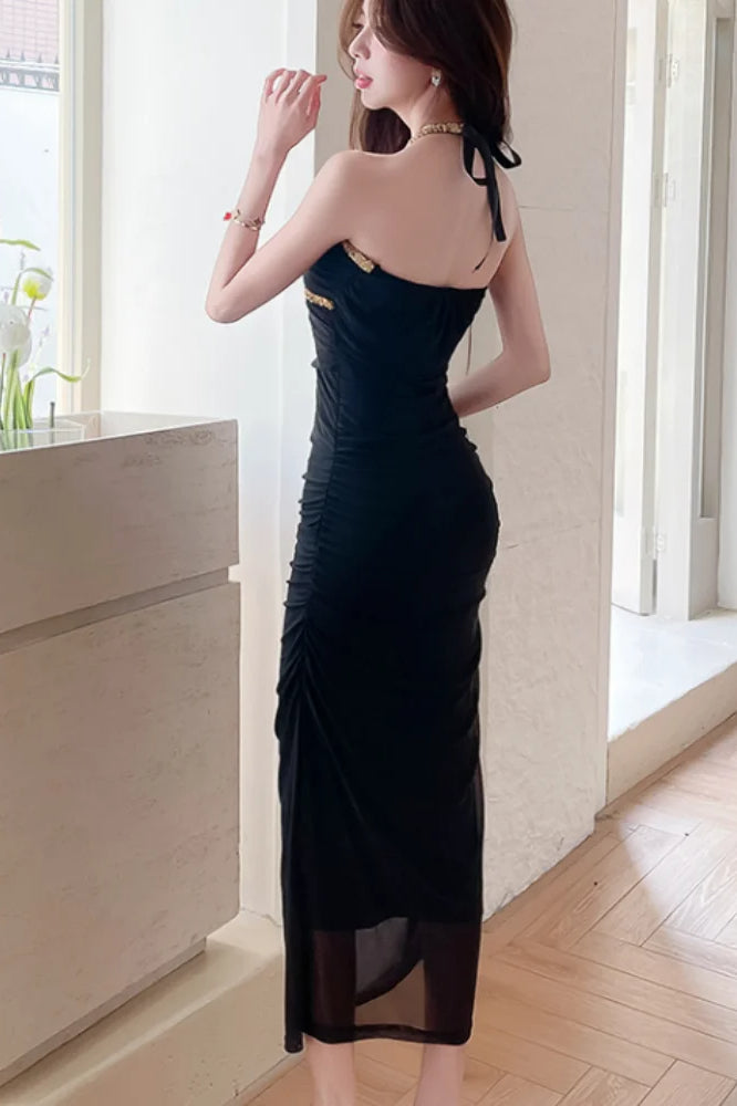 Rhinestone Halter Neck Ruched Gathered Mesh Bodycon Maxi Dress 5